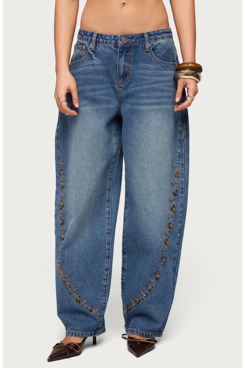 Button Stitch Barrel Leg Jeans, Main, color, BLUE-WASHED
