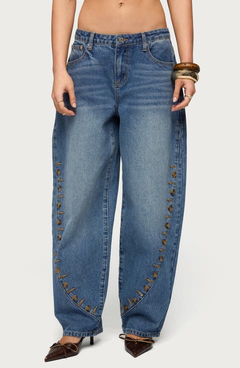 Button Stitch Barrel Leg Jeans