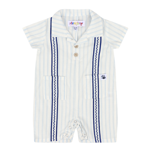 Mixed Up Clothing Bordado Baby Romper In Blue/white Stripes