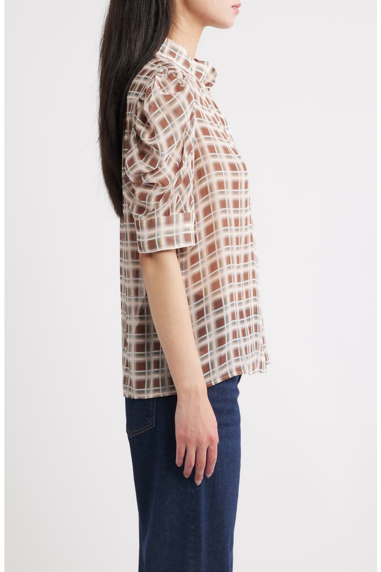 The Gillian Plaid Puff Sleeve Silk Button-Up Shirt, Alternate, color, SILVER PEONY PLAID