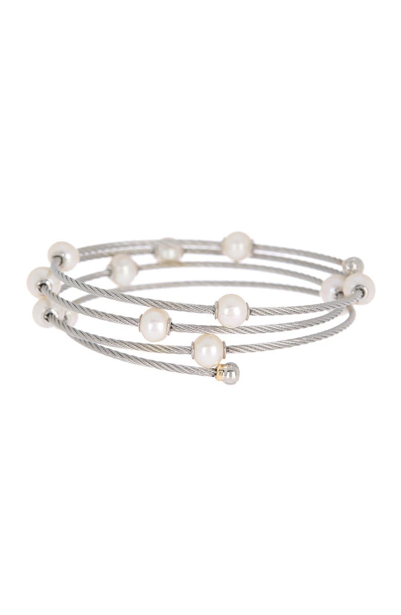ALOR<sup>®</sup> 18K Yellow Gold & White Stainless Steel 6.3mm Freshwater Pearl Station Coil Wrap Bracelet, Alternate, color, 