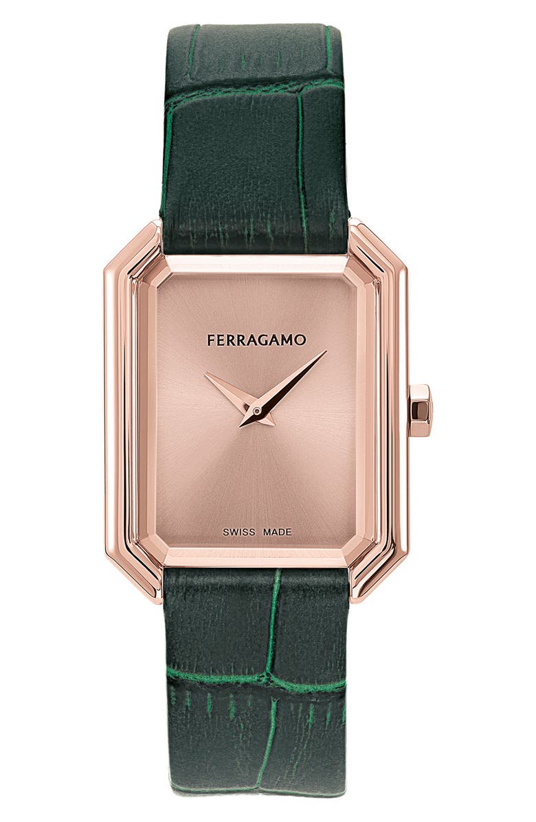 FERRAGAMO Crystal Leather Strap Watch, 27mm x 34mm, Main, color, Ip Rose Gold