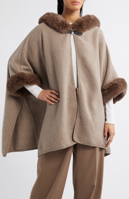 La Fiorentina Faux Fur Trim Hooded Ruana in Tan 