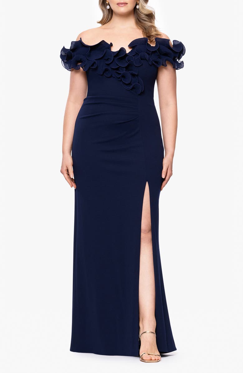 Xscape Evenings Ruffle Scuba Knit Sheath Gown, Main, color, Navy