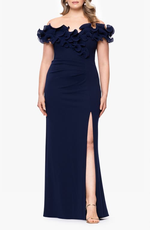 Xscape Evenings Ruffle Scuba Knit Sheath Gown In Blue