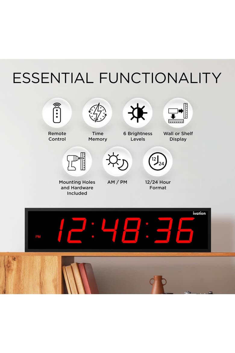 Large Digital Clock, 30 Led Wall Clock with 6-Level Brightness & Mounting Hardware, Alternate, color, Red