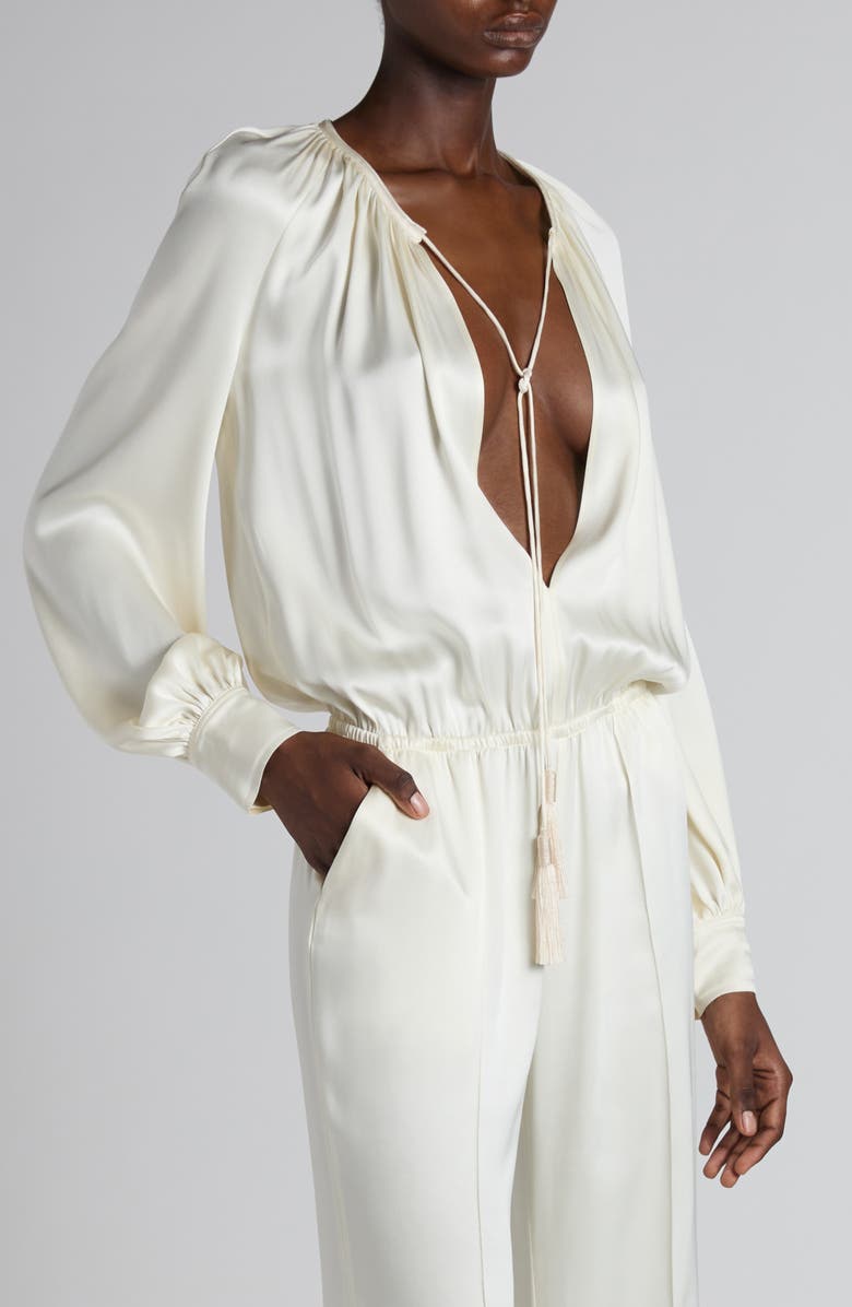 TOM FORD Tie Neck Long Sleeve Cady Jumpsuit, Alternate, color, Crema White