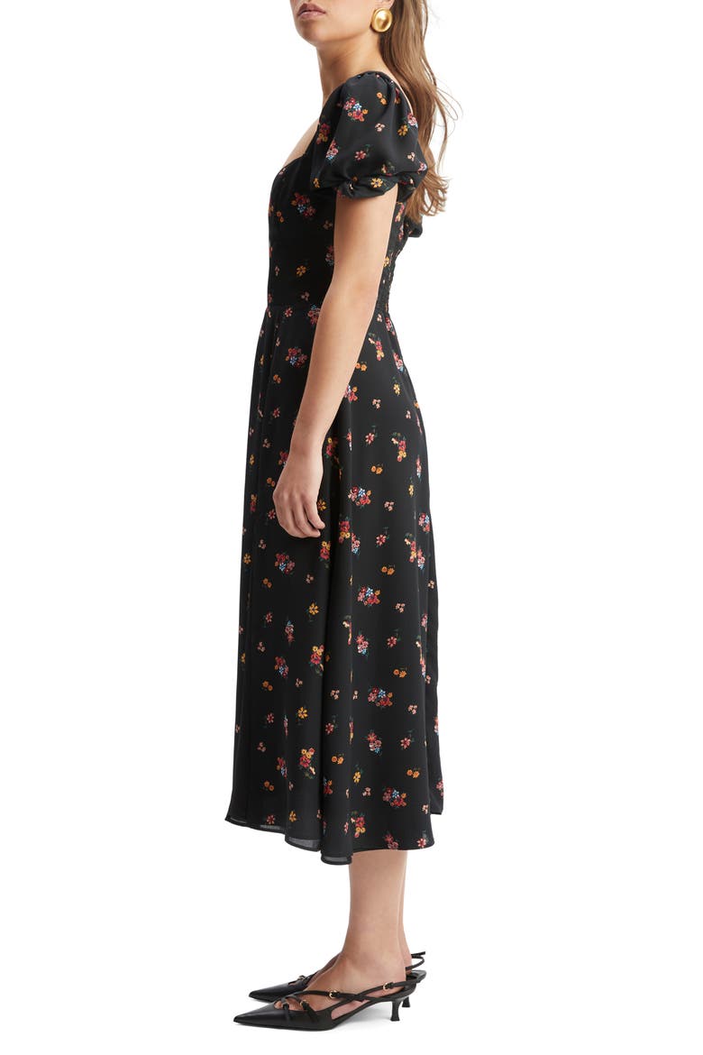 Gillian Puff Sleeve Midi Dress, Alternate, color, BLACK FLORAL
