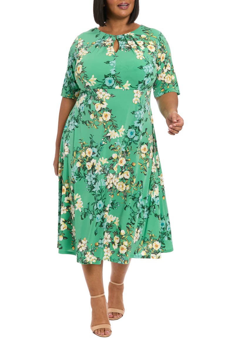 Floral Keyhole Short Sleeve Midi Dress, Main, color, GREEN MULTI