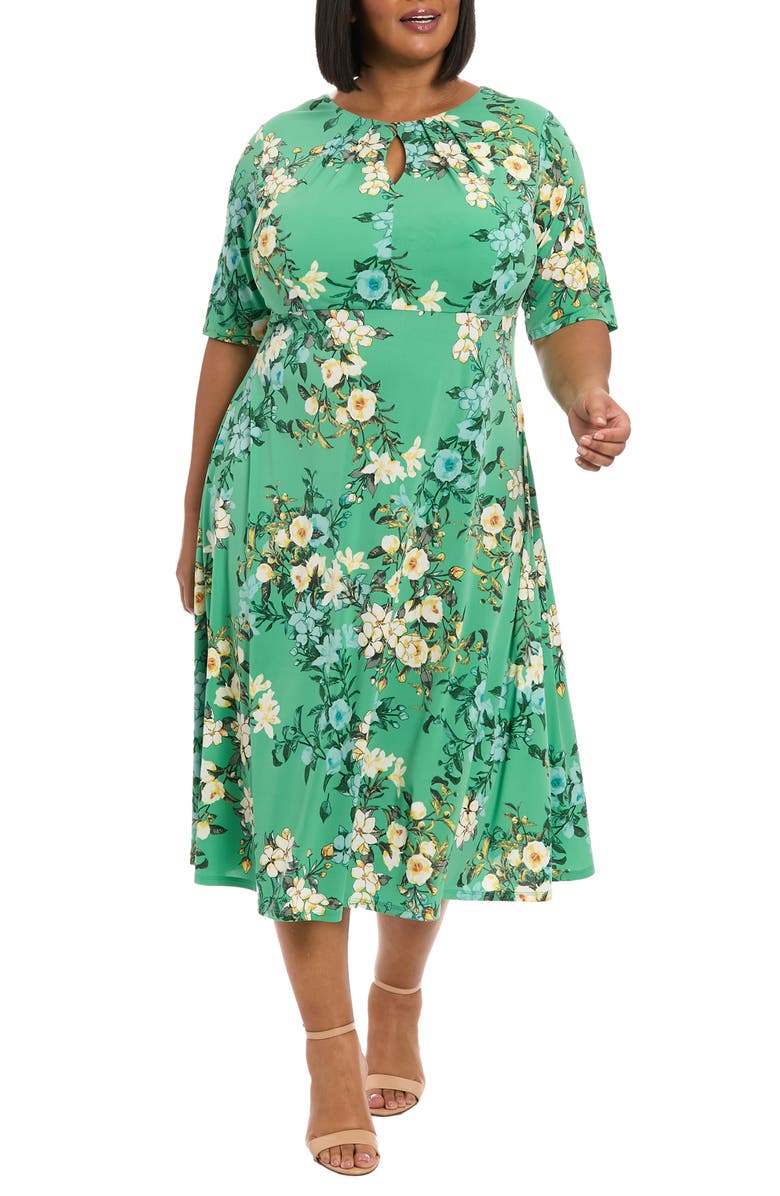 London Times Floral Keyhole Short Sleeve Midi Dress, Main, color, Green Multi