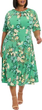 London Times Floral Keyhole Short Sleeve Midi Dress