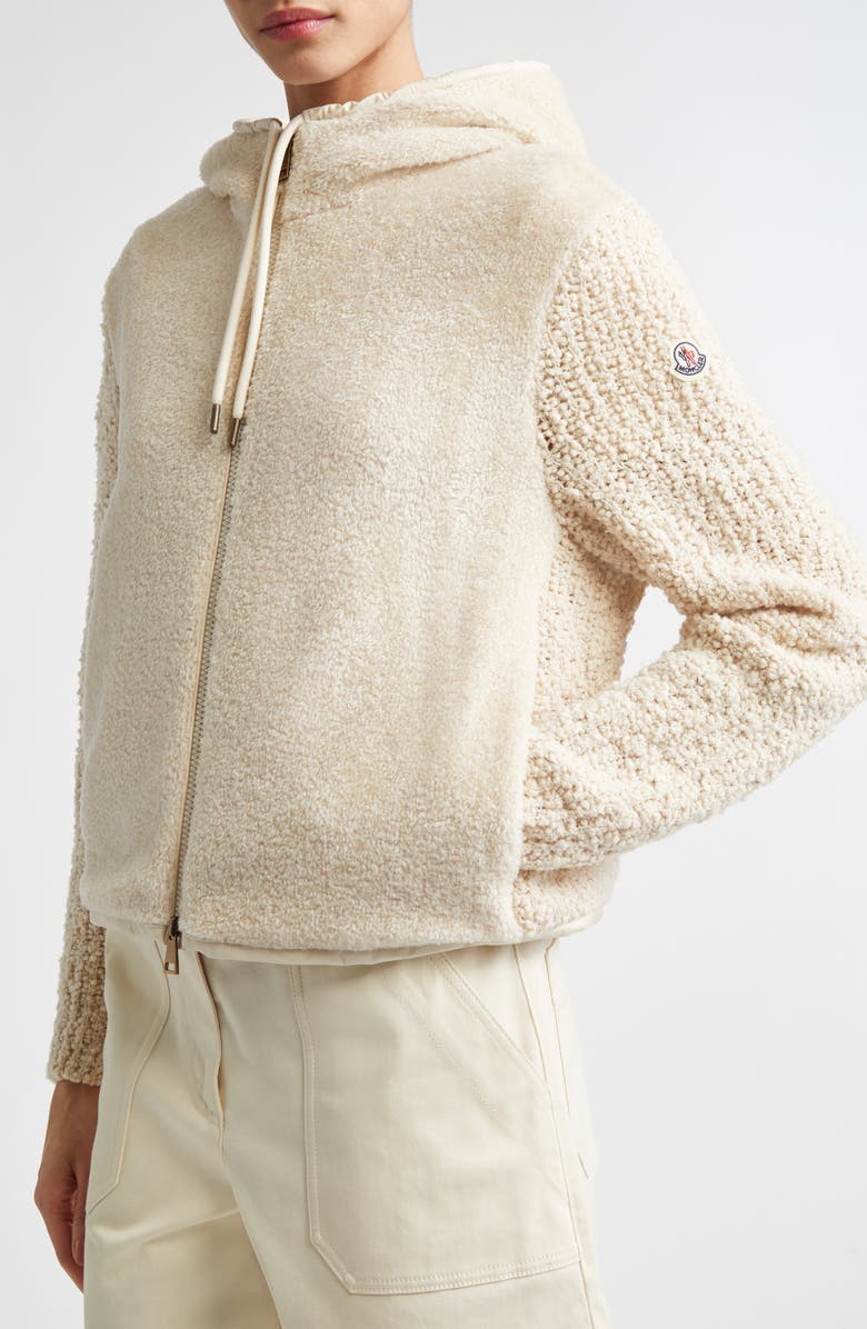 Moncler Hooded Mixed Media Cardigan, Alternate, color, Ivory/ White
