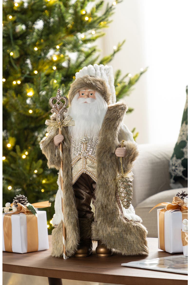 18"H Faux Fur Christmas Woodland Santa Figurine, Alternate, color, Brown