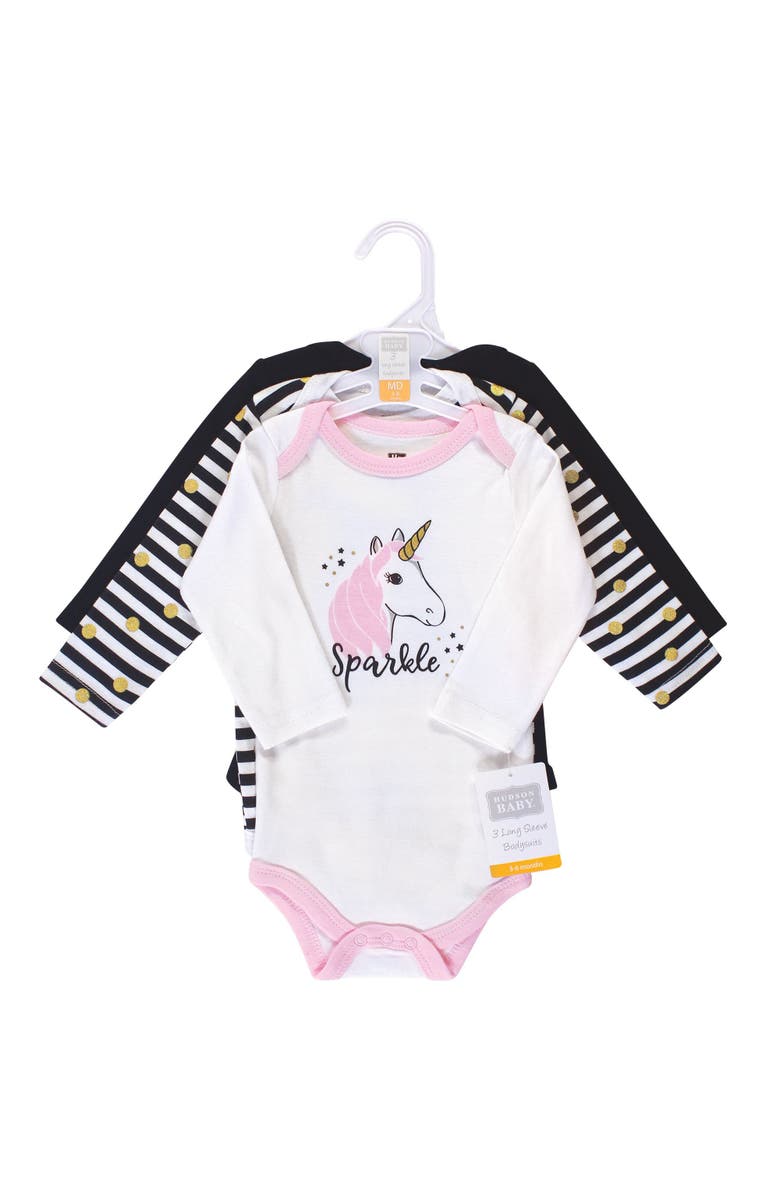 Hudson Baby Little Soft Cotton Long-Sleeve One-Piece 3Pk, Alternate, color, Sparkle Unicorn
