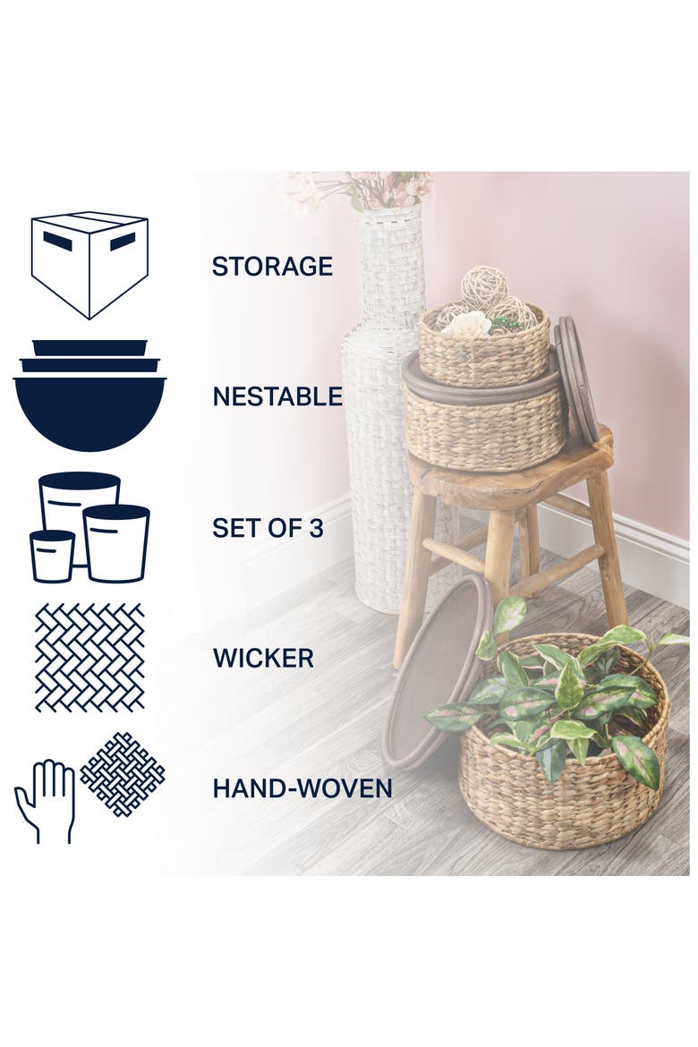 Gouda Southwestern Hand-Woven Hyacinth Circular Nesting Baskets with Wood Lids, Natural, Alternate, color, Natural