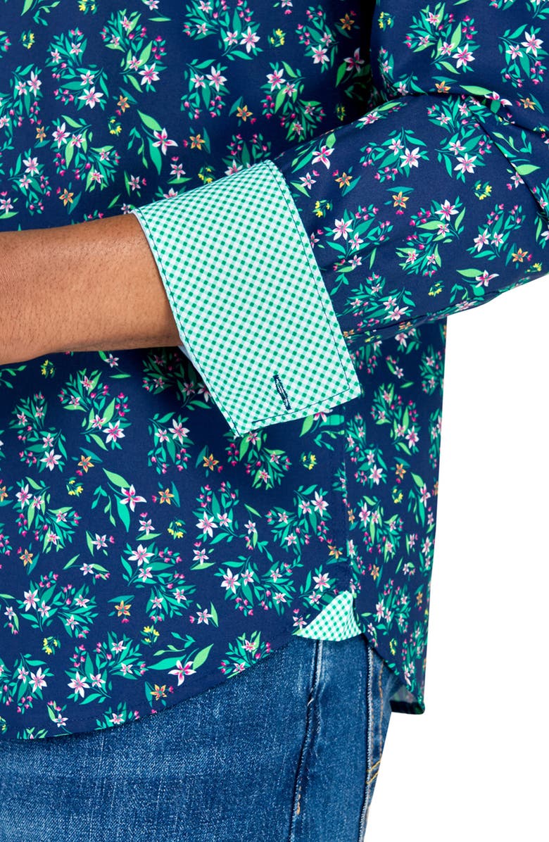 CONSTRUCT Slim Fit Lily Bouquet Recycled 4-Way Stretch Performance Long Sleeve Shirt, Alternate, color, Navy/Green