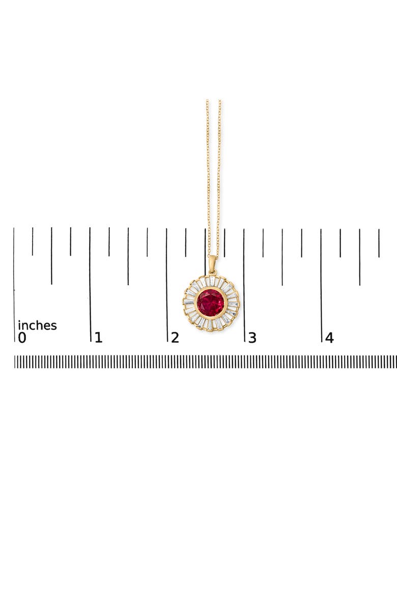 14K Yellow Gold Plated Silver Created Red Ruby and Baguette Diamond Sunburst Medallion Pendant Necklace, Alternate, color, Yellow Gold over Silver