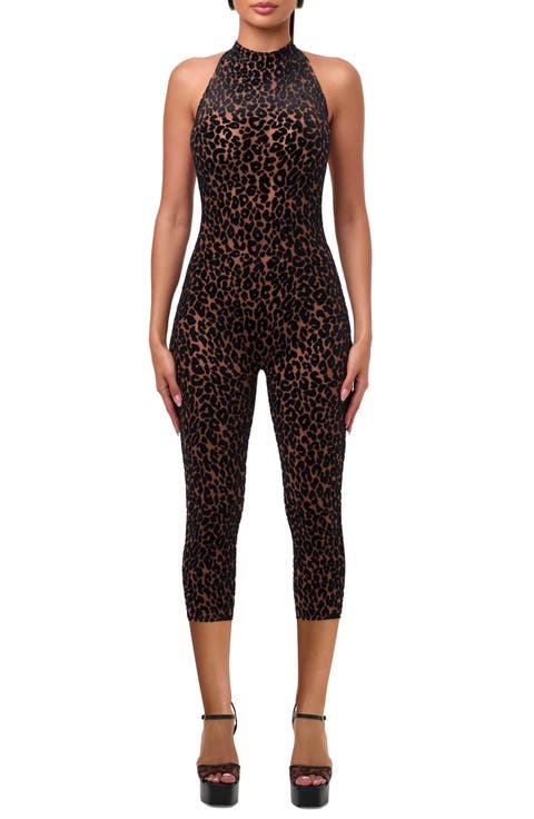 Leopard Velvet Burnout Halter Capri Bodysuit