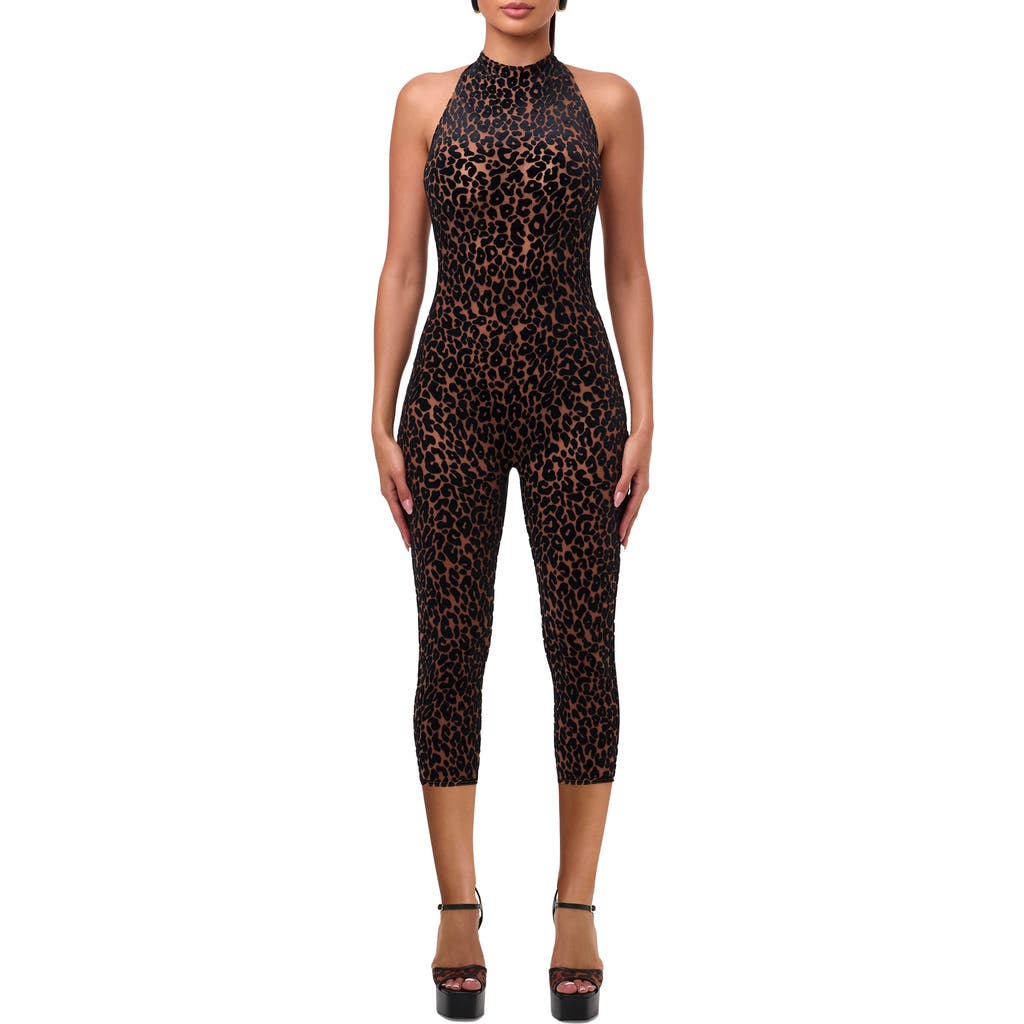Naked Wardrobe Leopard Velvet Burnout Halter Capri Bodysuit In Multi