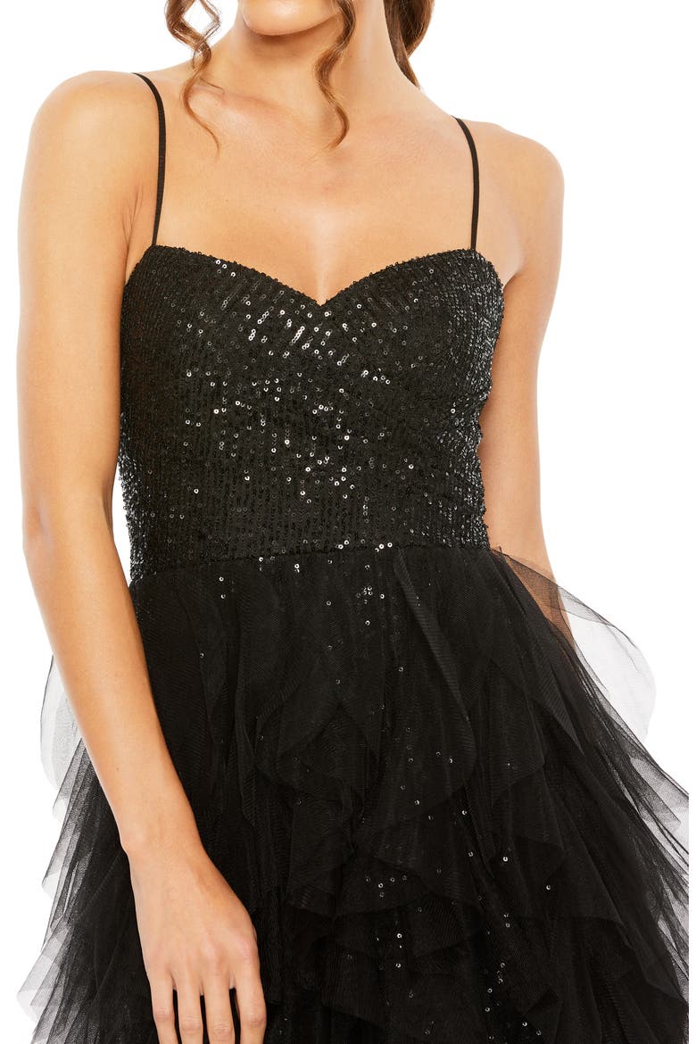 Ruffle High Low Tiered Train Sequin Mini Dress, Alternate, color, BLACK
