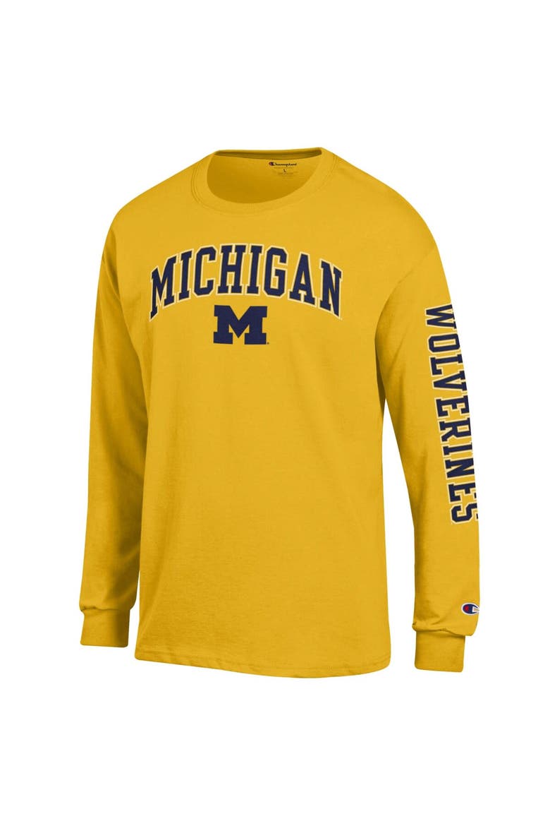 Men's Champion  Maize Michigan Wolverines Arch Over Logo 2-Hit Long Sleeve T-Shirt, Alternate, color, Maize