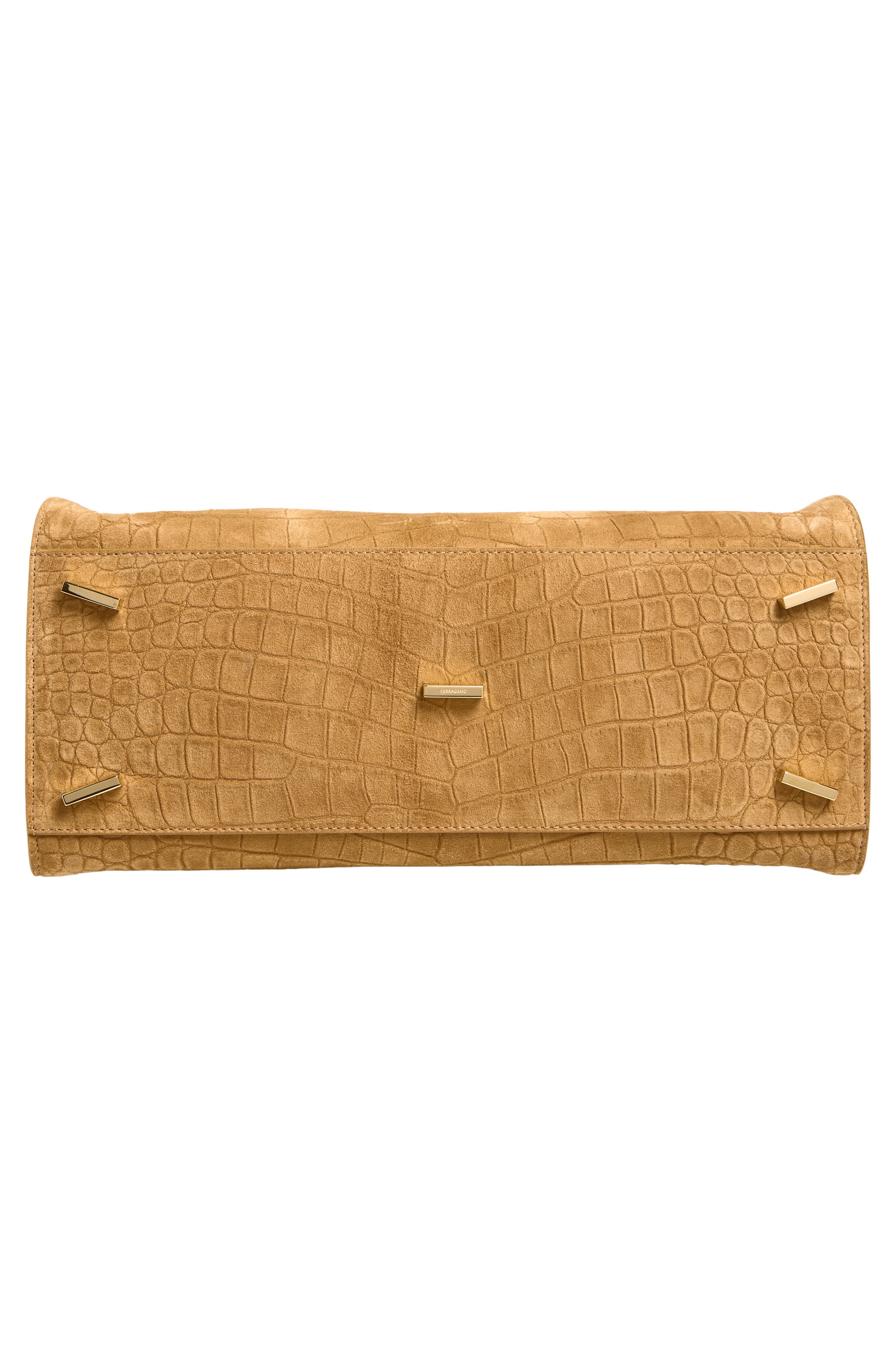 FERRAGAMO Hug Croc Embossed Suede Handbag, Alternate, color, Naturale