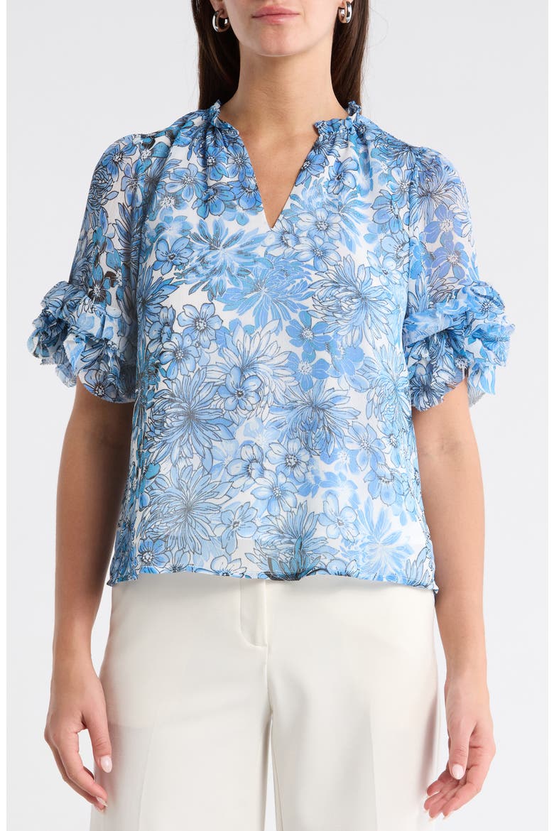 Tierra Floral Ruffle Trim Top, Main, color, BLUES