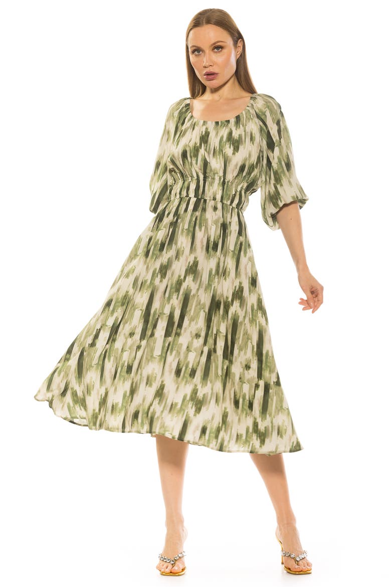 Emily Balloon Sleeve Fit & Flare Midi Dress, Alternate, color, GREEN ABSTRACT