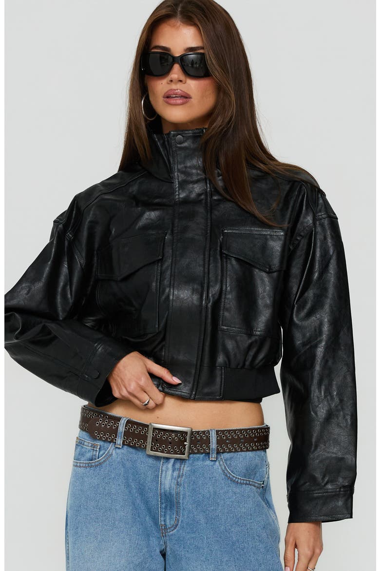 Ace Player Funnel Neck Cropped Faux Leather Jacket, Main, color, BLACK