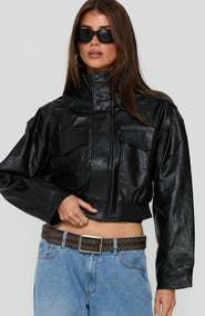 Princess Polly Ace Player Funnel Neck Cropped Faux Leather Jacket