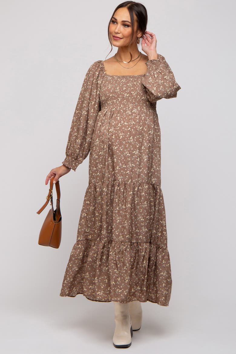 Floral Smocked Long Sleeve Maxi Dress, Alternate, color, Mocha