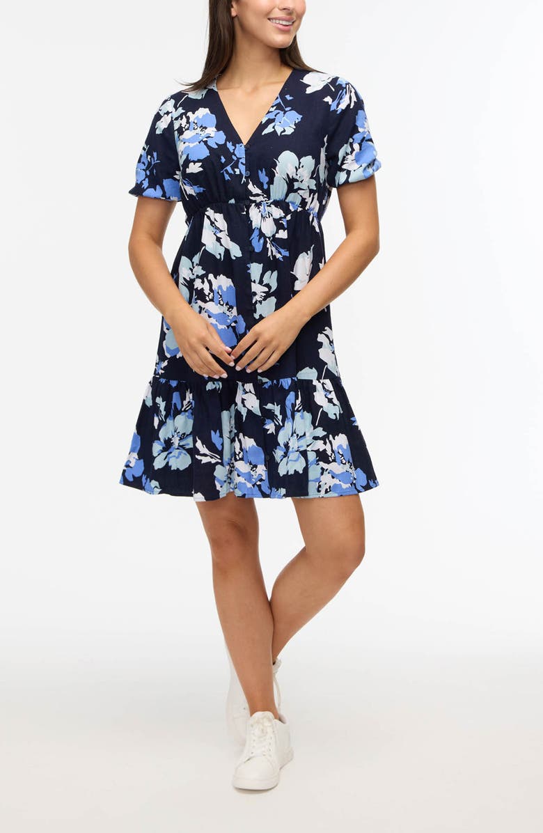 Ellen Tracy Tiered Linen Blend Dress, Alternate, color, Navy Bouquet