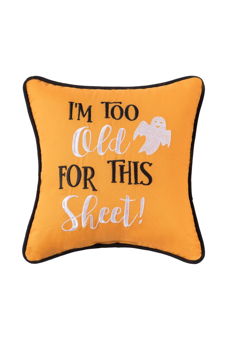 Halloween Ghost "I'm Too Old For This Sheet" Petite Accent Pillow 10" x 10", Main, color, Orange