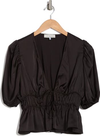 Puff Sleeve Tie Front Satin Top