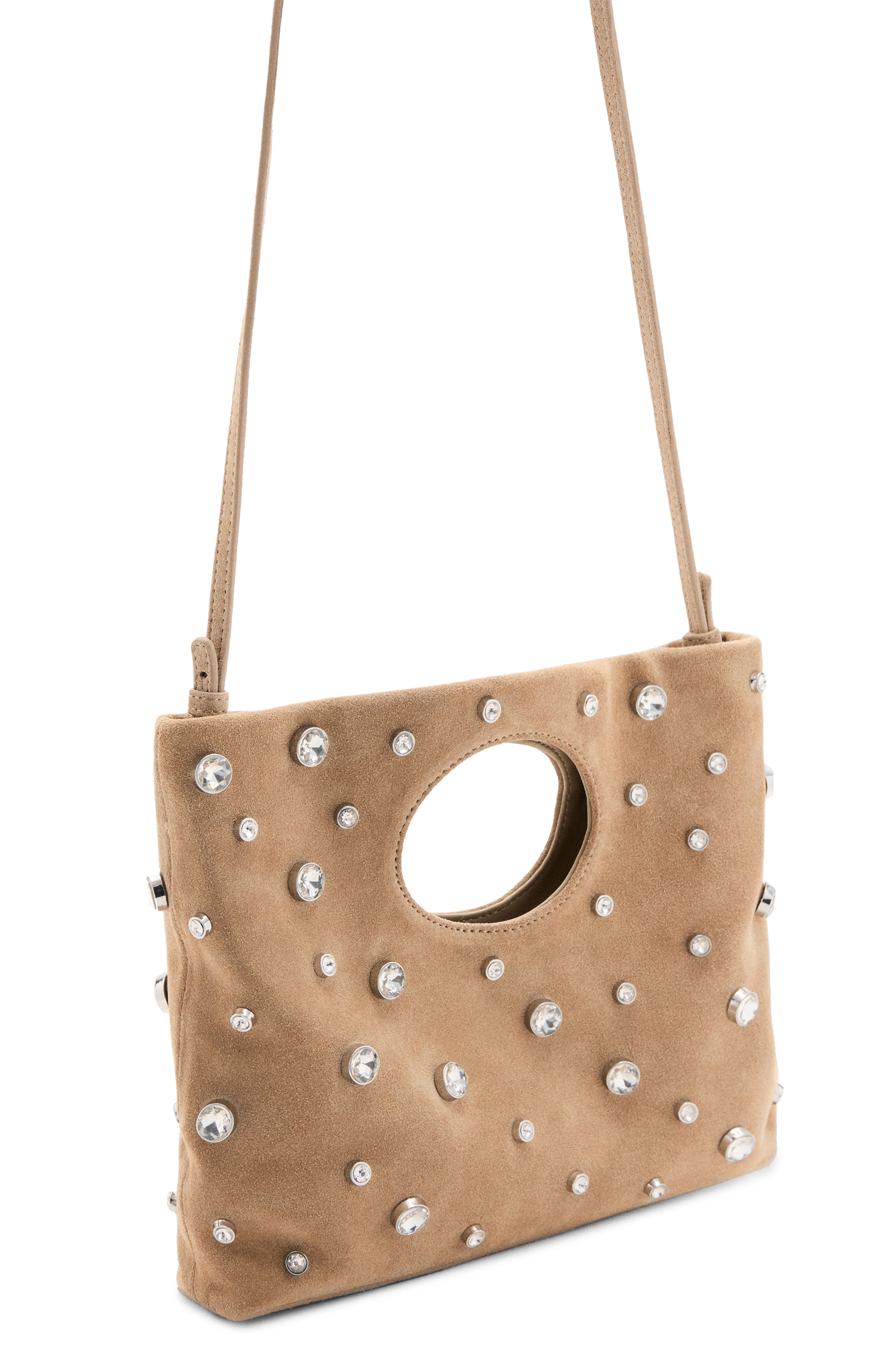 MANGO Suede Studded Top Handle Bag, Alternate, color, Beige
