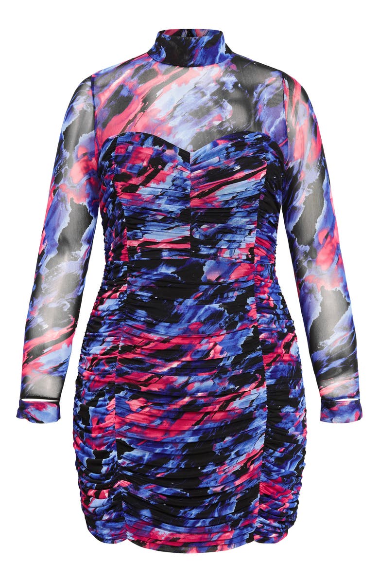 City Chic Robin Print Ruched Long Sleeve Body-Con Dress, Alternate, color, Purple Print
