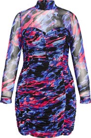 City Chic Robin Print Ruched Long Sleeve Body-Con Dress
