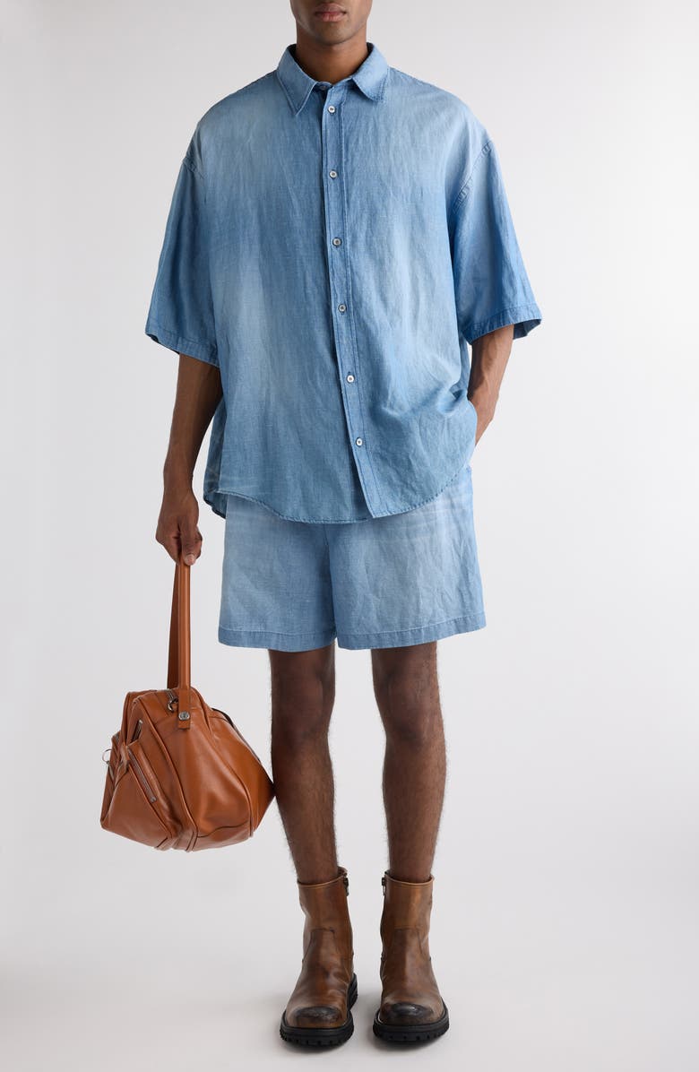 Acne Studios Oversize Short Sleeve Cotton & Linen Chambray Button-Up Shirt, Alternate, color, Mid Blue