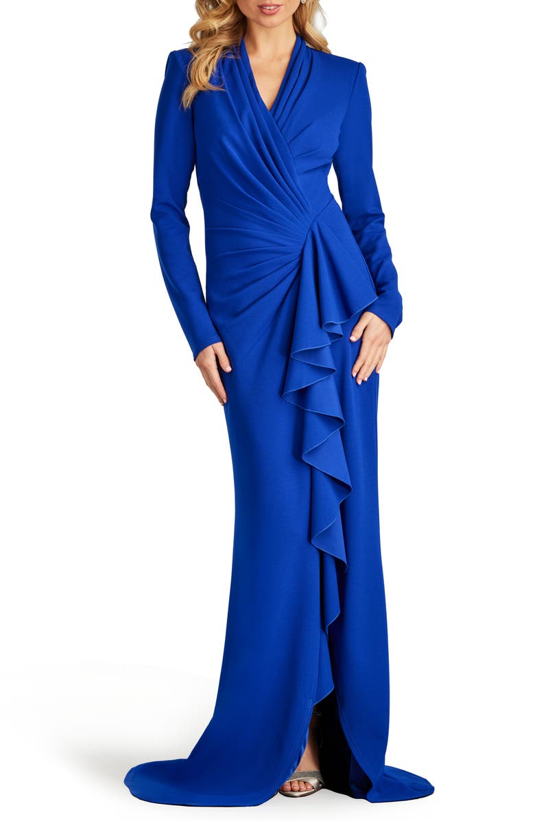 Tadashi Shoji Drape Ruffle Long Sleeve Stretch Crepe Gown, Main, color, Mystic Blue