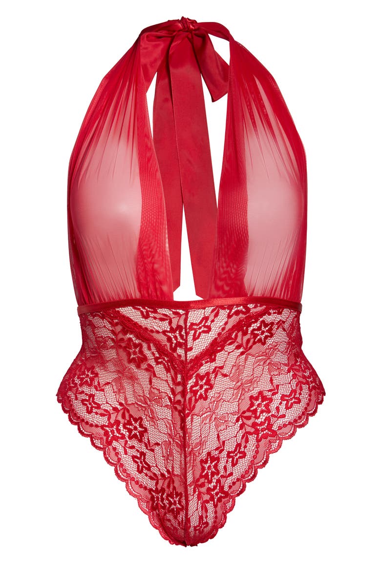 Aria Mesh Plunge Halter Teddy, Alternate, color, RED