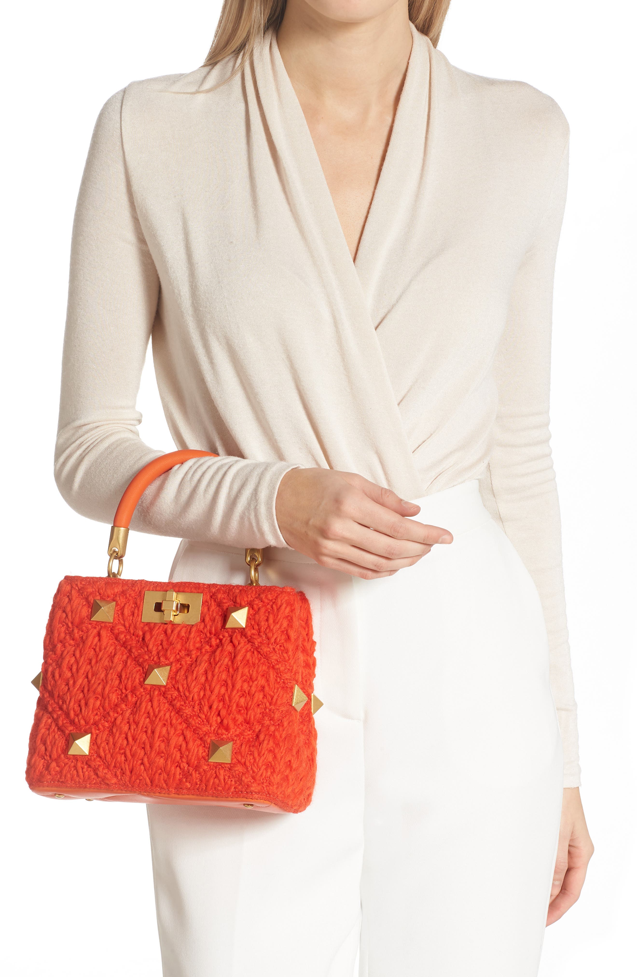 Valentino Garavani Medium Roman Stud Crochet Wool Top Handle Bag, Alternate, color, 