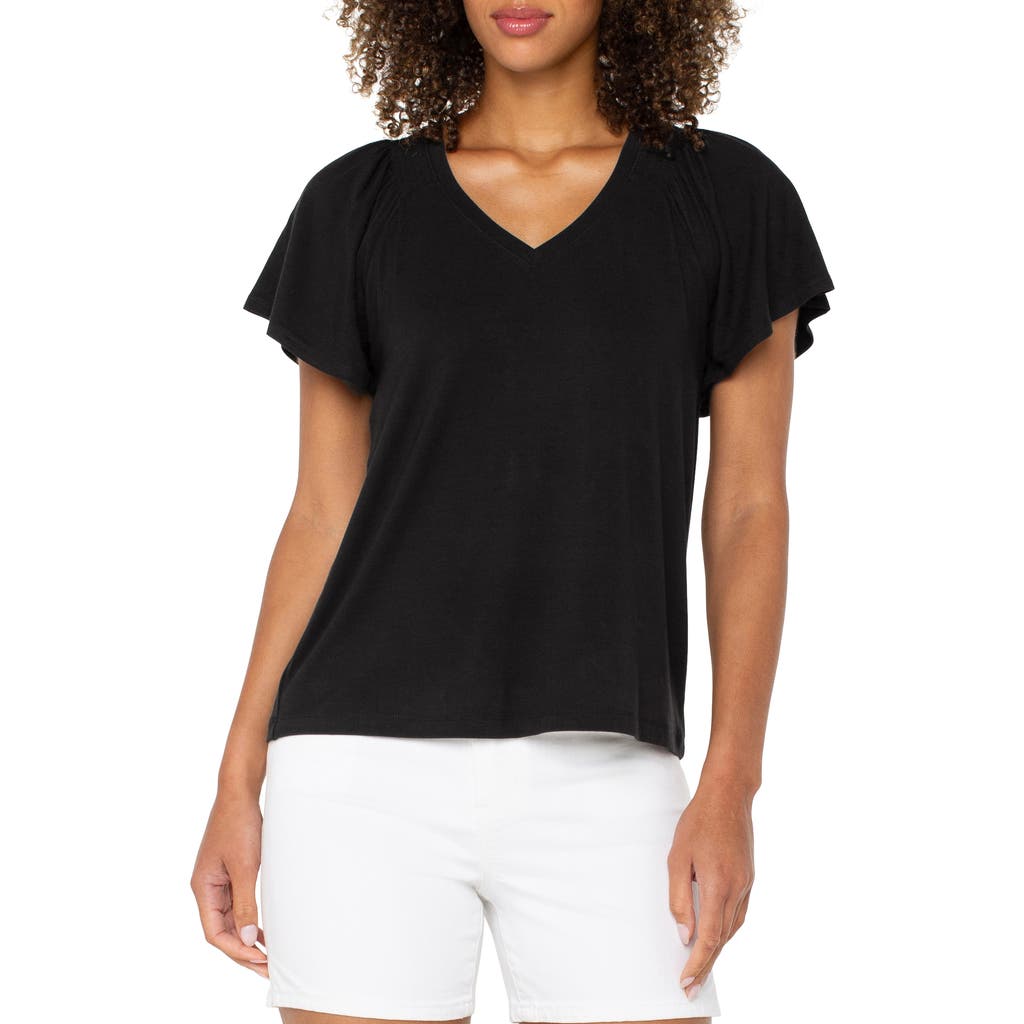 Liverpool Los Angeles Women's Flutter-sleeve V-neck T-shirt In Black