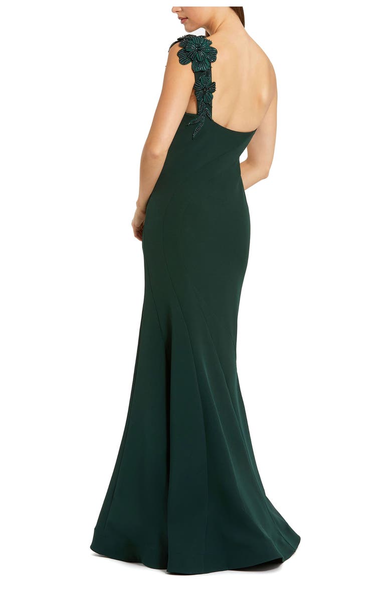 Mac Duggal Crepe One Shoulder Beaded Flower Mermaid Gown, Alternate, color, Deep Green