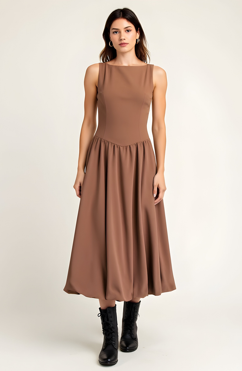 Modenaire Sleeveless Fit and Flare Midi Bubble Hem Dress with Gathered Skirt Detail, Main, color, 