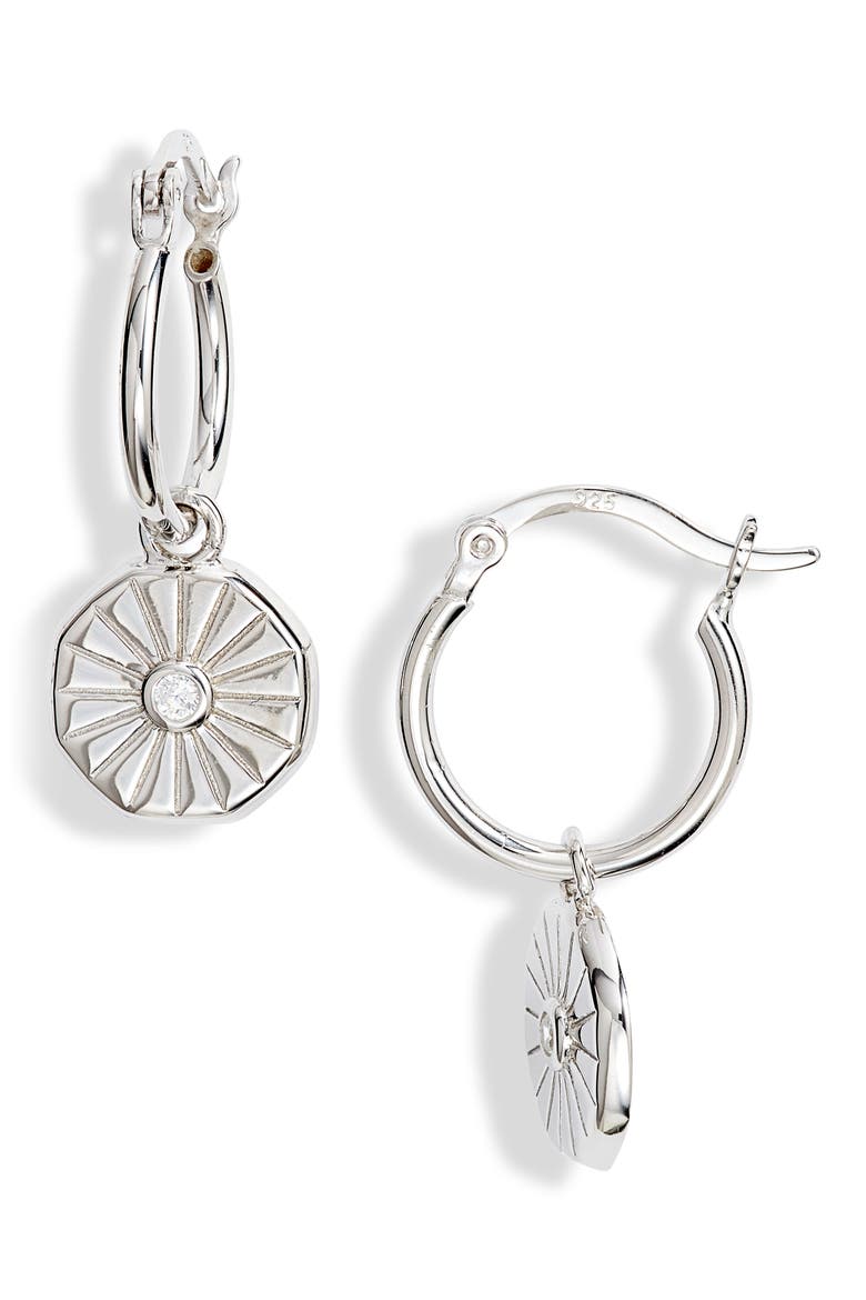 Crystal Coin Huggie Hoop Earrings, Main, color, RHODIUM