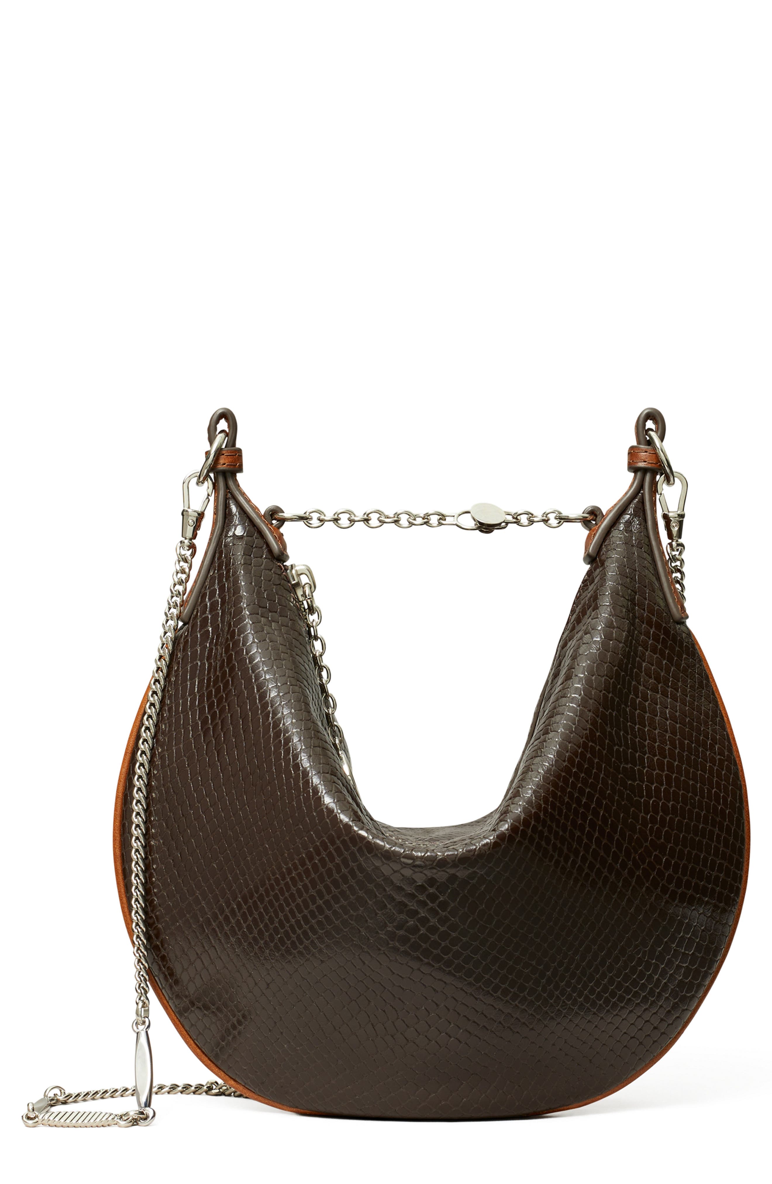 Tory Burch Mini Chain Strap Croc Embossed Leather Balloon Bag, Main, color, Dark Brown