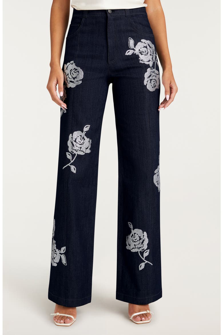 Francine Embellished Rose Wide Leg Denim Pants, Main, color, INDIGO