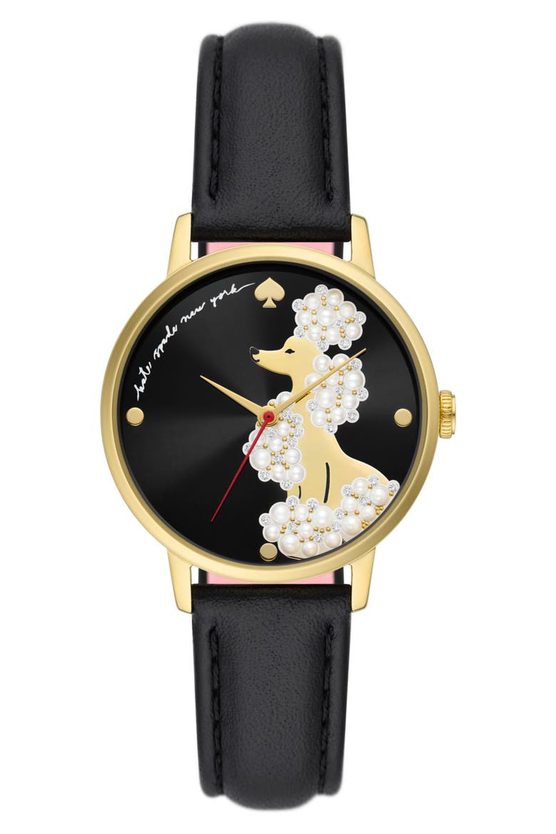 metro poodle leather strap watch, 34mm, Main, color, BLACK