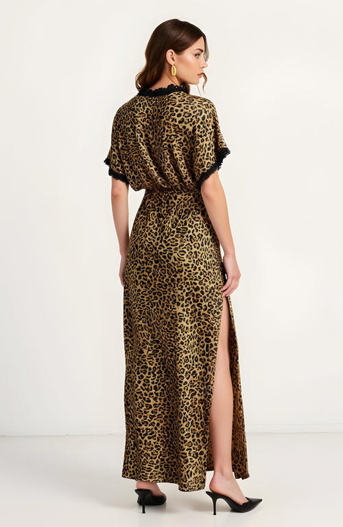 Modenaire Leopard Print Lace-trim V-neck Side-slit Maxi Dress In Multi