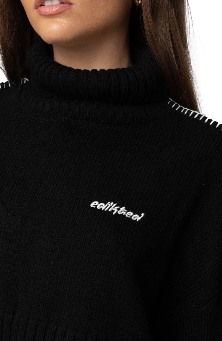 EDIKTED Blanket Stitch Accent Crop Turtleneck Sweater, Alternate, color, Black